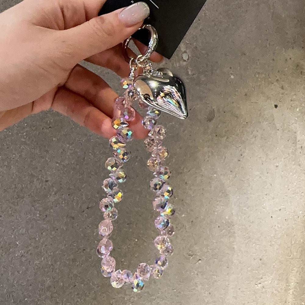 Luxury Bling Crystal Love Heart Pendant Beaded Strap For iPhone Bag Key Bag Girl Phone Chain Bracelet Hanging Ring Cord Jewelry