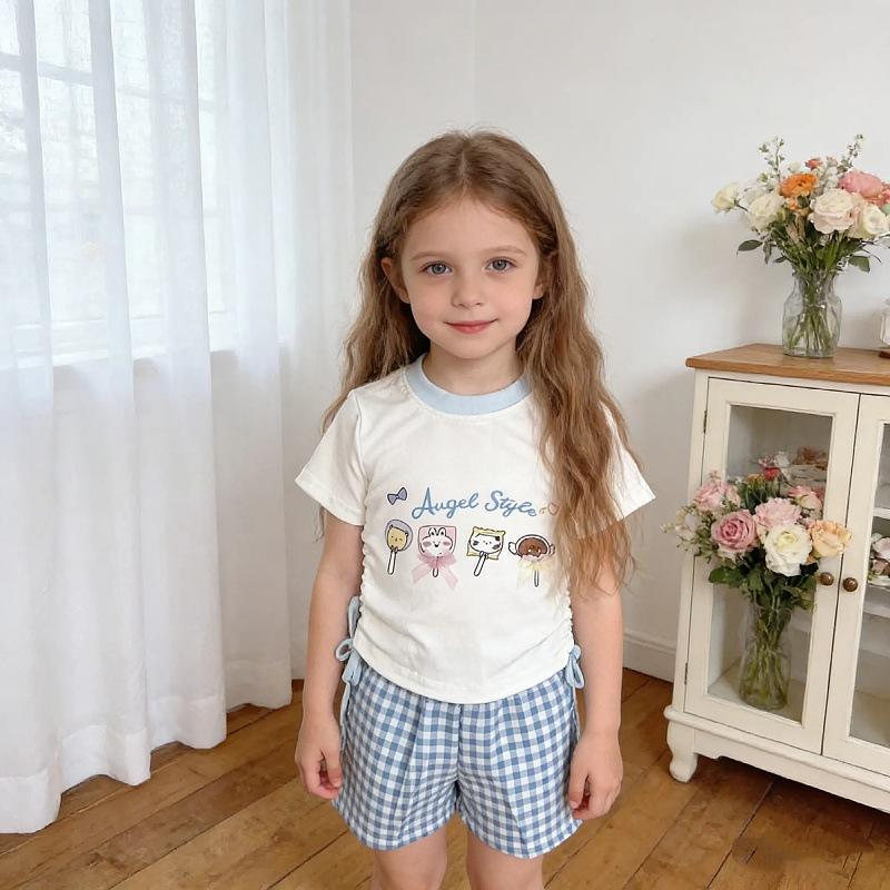 2025 New Style Baby Girl Cartoon T-Shirt & Plaid Pants Set - Spring/Autumn
