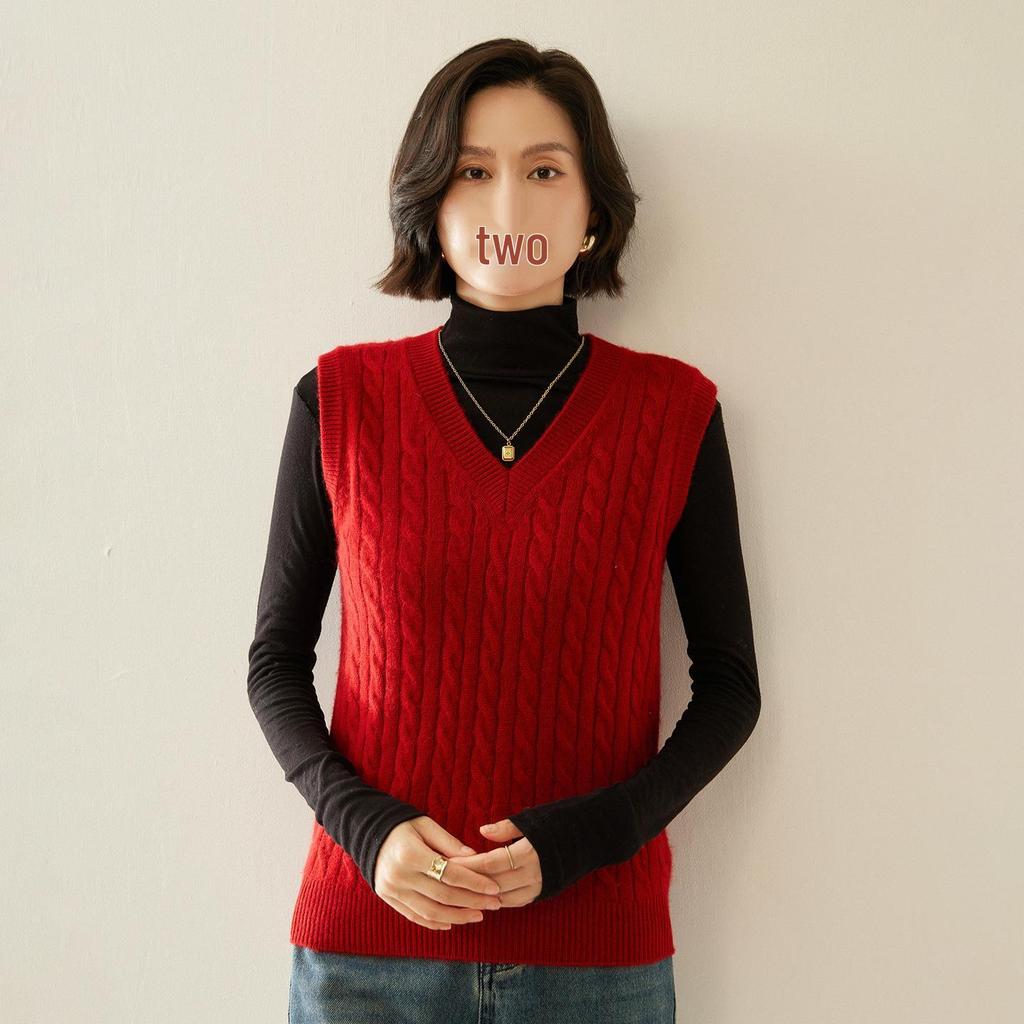 Women's V-neck Cashmere Cable Knit Sleeveless Vest Cardigan Sweater
