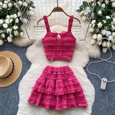 Sweet Wear Women's Summer Chic Gentle Style Square Collar Suspender Vest + High Waist Pleated Ruffled Skirt