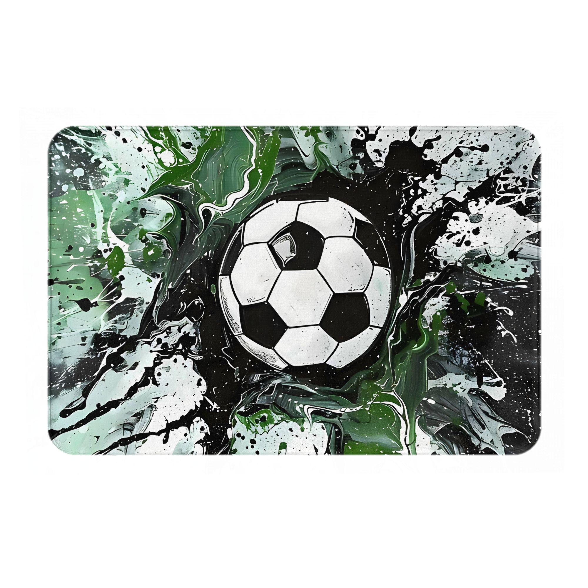 

Abstract Football Art Doormat Black Green White Printed Polyester Machine Washable Cold Water Only 80x50cm 40cm x 60cm