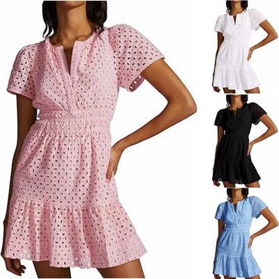 2025 V-Neck A-Line Lace Ruffled Short Sleeve Dress for Women