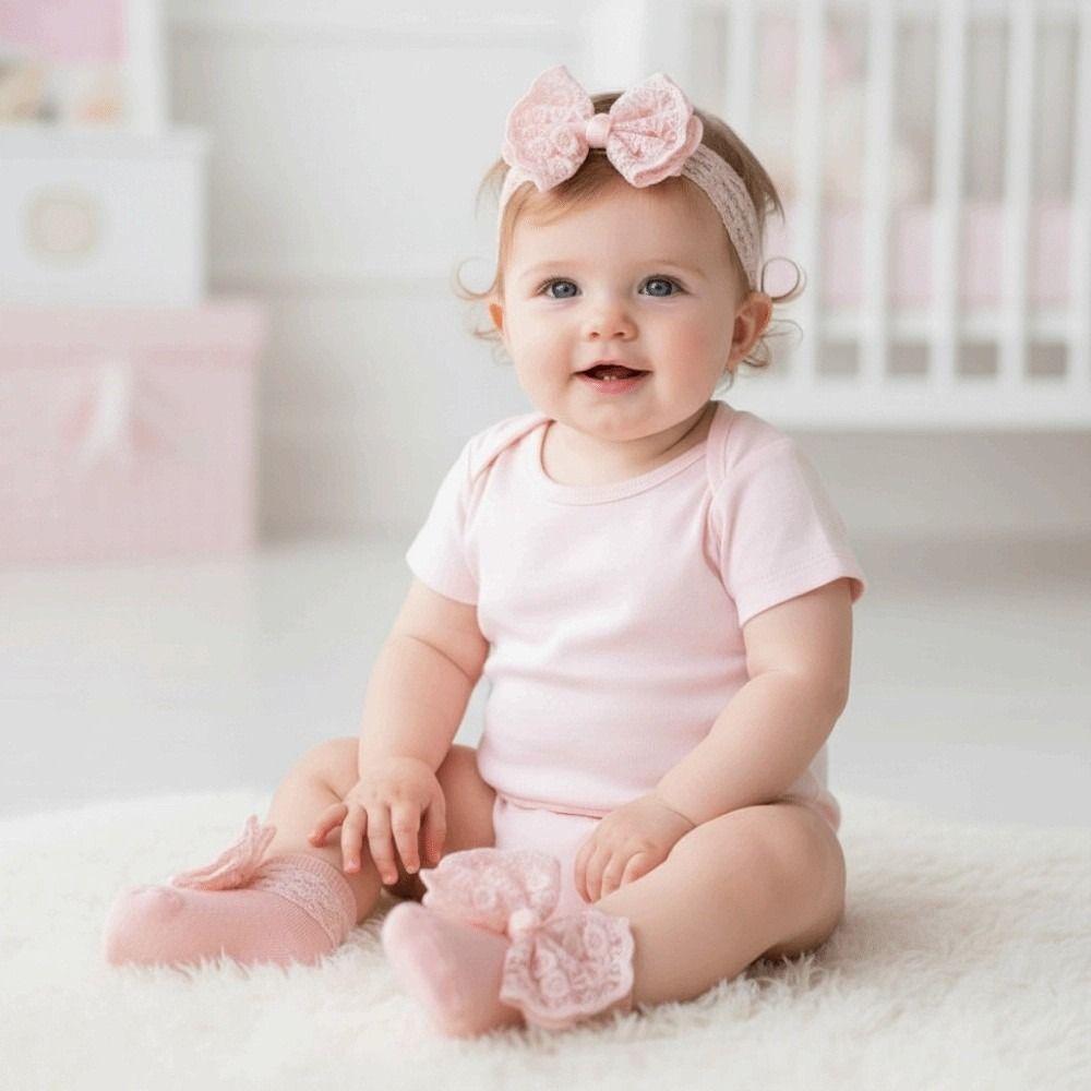 2Set Soft Baby Headband Socks Set Lace Bow Elastic Hair Band Anti Slip Socks  0-12 Months