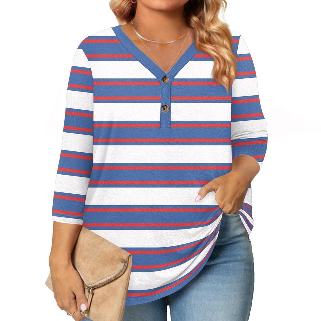 3/4 Length Sleeve Womens Tops Plus Size Button Down V Neck Shirts Blouses Casual Print Loose