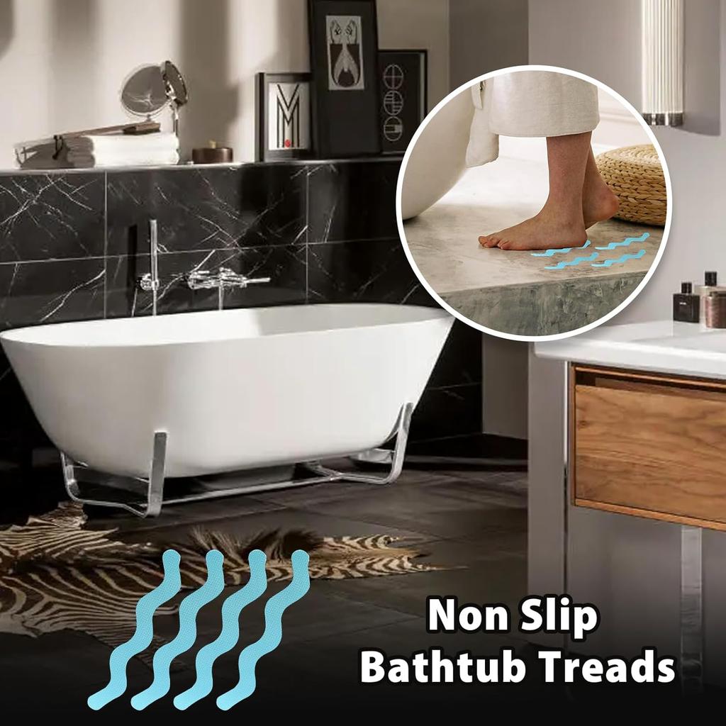 24PCS Bathtub Non Slip Stickers Blue Safety Anti Slip Shower Strips Adhesive Decals Scraper for Bath Tub Stairs Steps Floor Ladders with Premium