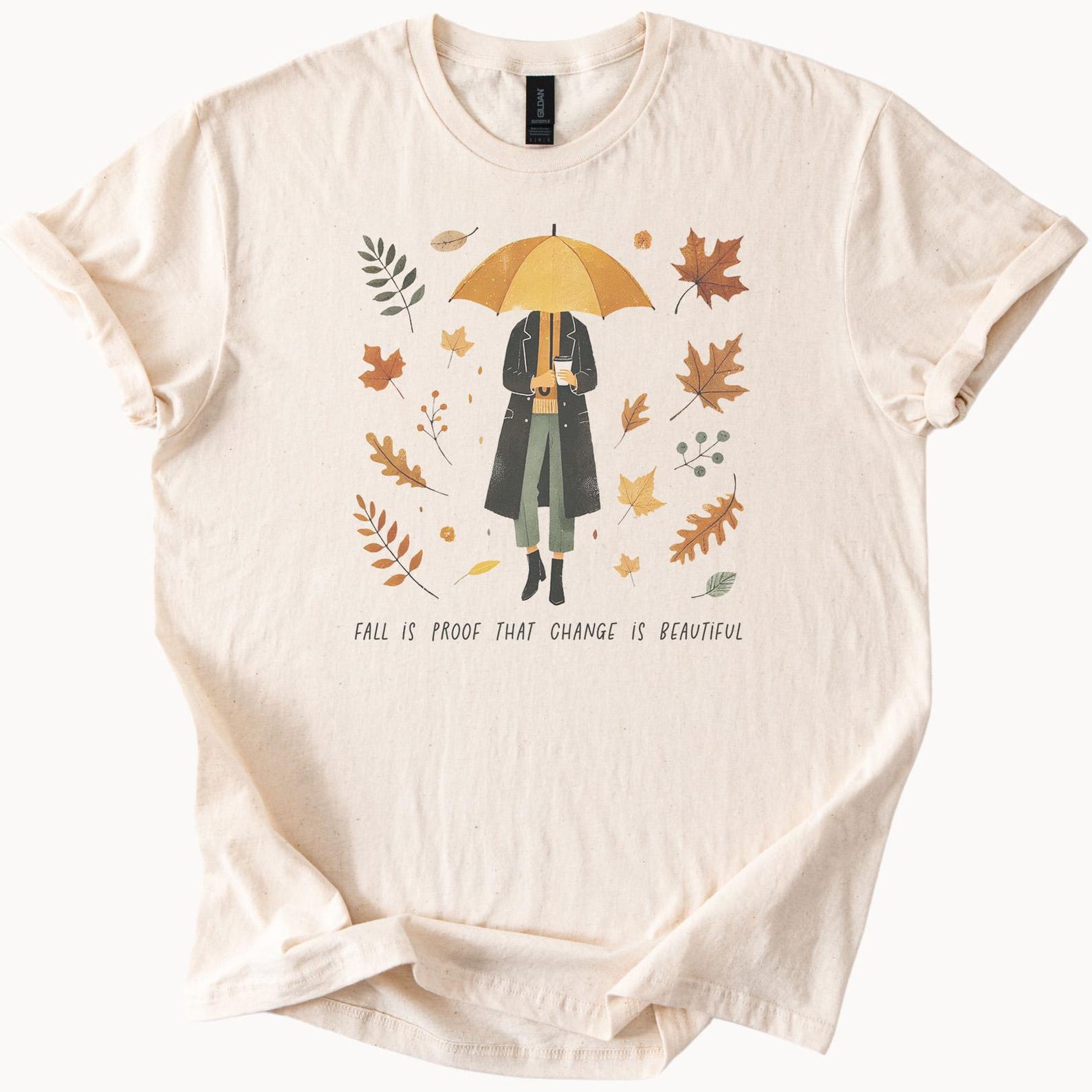 Fall Autumn Leaves Change Is Beautiful Graphic T Shirt Autumn Fashion Unique Seasonal Illustration Umbrella Tee Fall Outfit Shirt 140