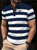 Printed Design – Non-Textured Printed Men's Golf Shirt with Short Sleeves in Blue Stripes, Featuring a Casual, Comfortable, Stylish, and Well-Fitting