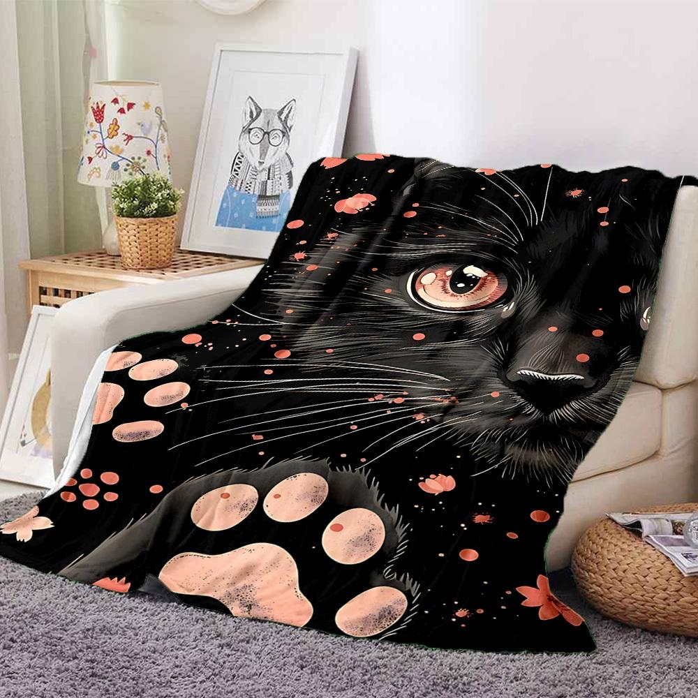 1pc Black Cat Print Blanket, Lightweight Flannel Throw For Sofa, Bed, Travel, Camping, Livingroom, Office, Couch, Chair