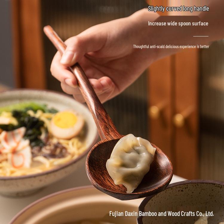 Cuillère en Bois Massif Style Japonais pour Soupe, Ramen et Nouilles