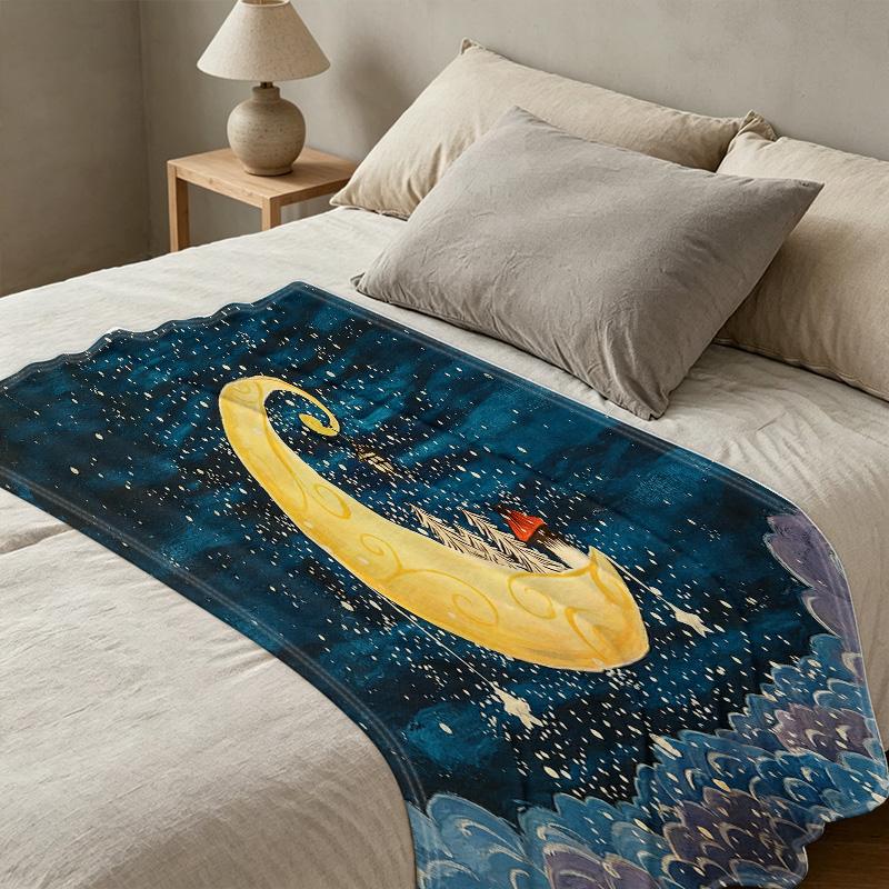 Dreamy Moonlit Night Flannel Blanket Soft, Skin-Friendly, Warm & Cozy, Pilling-Resistant, All-Season for Postpartum Care & Home Casual Use