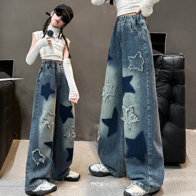 Girls Star Design Casual Loose Jeans Teens School Children Trousers for Spring Autumn Elastic Waist Fashion Kids Straight Pants