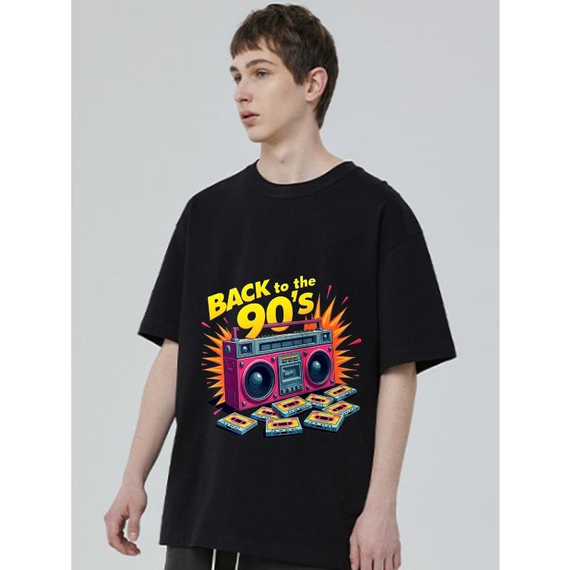 Zurück in die 90er T-Shirt Schwarz Ghettoblaster und Kassetten Grafikdruck Unisex Lässig Streetwear für Männer Frauen Party Outfit