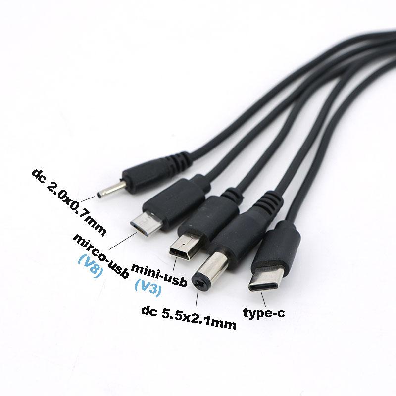 20cm 5 in 1 USB male to 5 way type c DC 5.5x2.1mm 2.0x0.7mm male mini 5P V3 V8 mirco usb male power charging cable