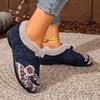 Womens Slip on Winter Shoes Thickened Warm Lined Cushioned Sole Floral Pattern Low Heel Round Toe Ankle Boots with Plush Lining