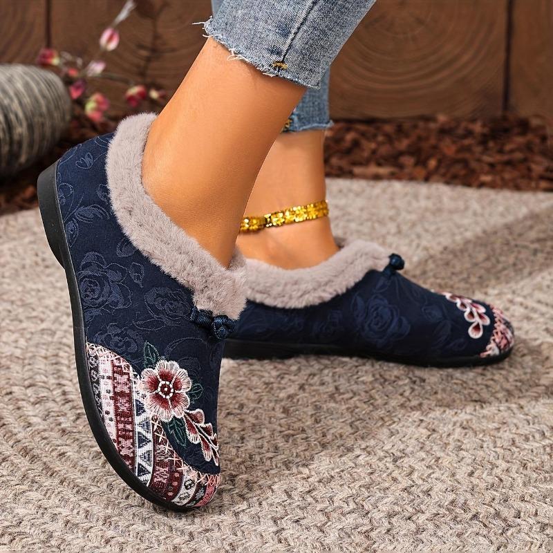 Womens Slip on Winter Shoes Thickened Warm Lined Cushioned Sole Floral Pattern Low Heel Round Toe Ankle Boots with Plush Lining