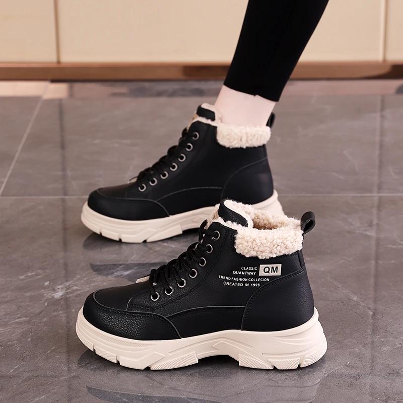 Fashion Women's Cotton Boots 2024 Winter New High Top Women Plush Warm Student Ankle Boots Thick Soled Lace Up Height Increasing Booties
