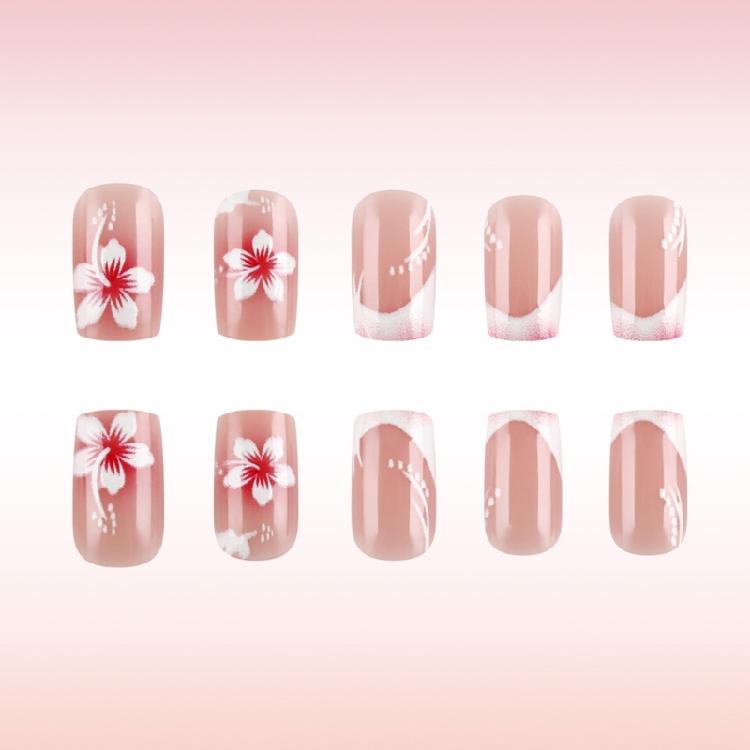 24Pcs Square Fake Nail Press On Nail Artificial Nail False Nail Glues On Nail with Flower Designs French Nail Tips
