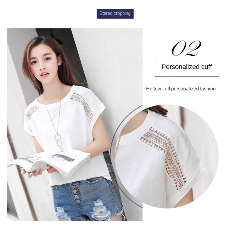 QICED Summer Fashion Hollow Lace Round Neck Bat Sleeve Short Sleeve T-shirt Women