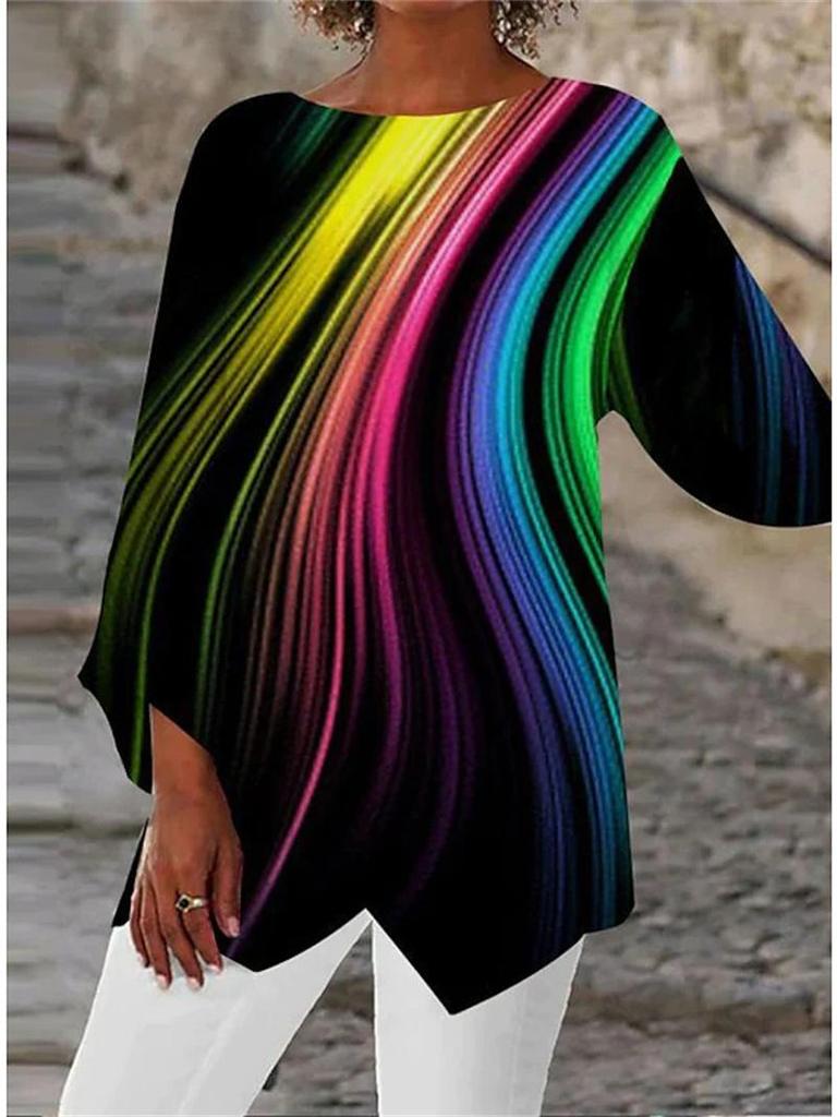 Fashion Geometric Printing Crew Neck Women Shirt Spring Summer Loose Plus Size Office Long Blouse Streetwear Casual Irregular Tops Elegant Clothing