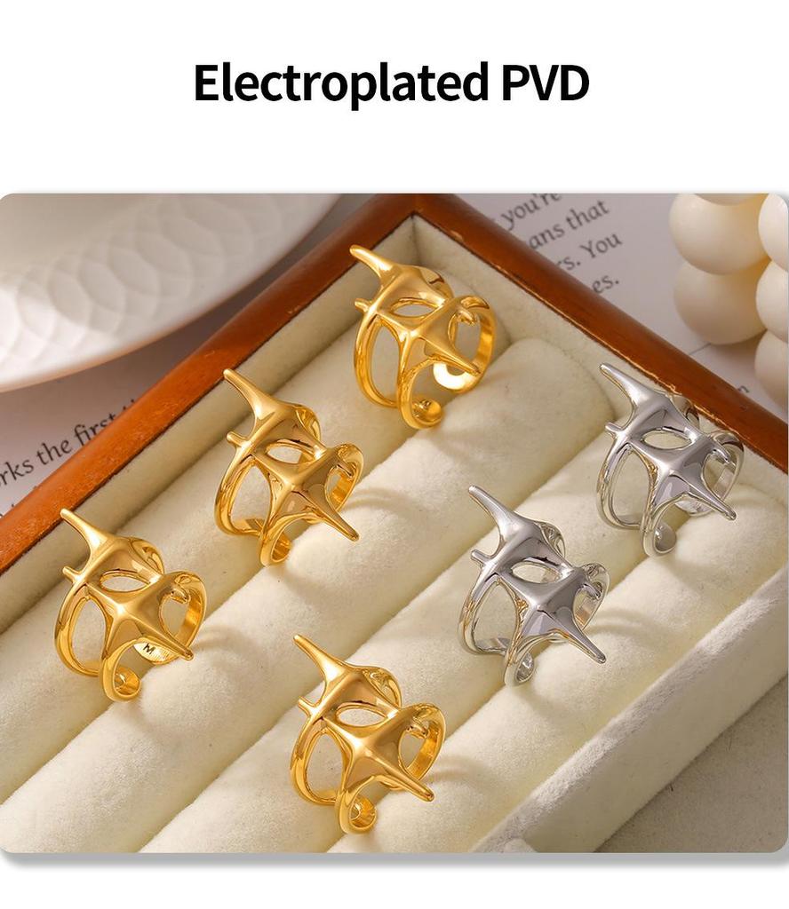 18K Gold-Plated Geometric Star Cross Open Ring - Titanium Steel Jewelry