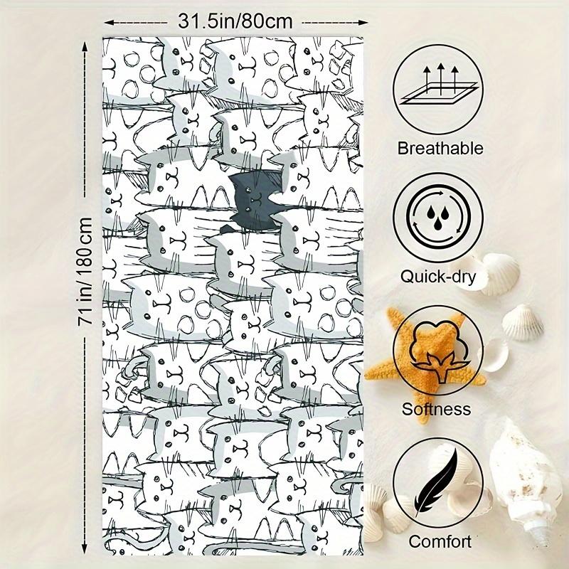 1PC Sports Beach Towel, Cute Cat Pattern Quick Dry Sand Free Towel for Swimming Pool Beach Surfing
