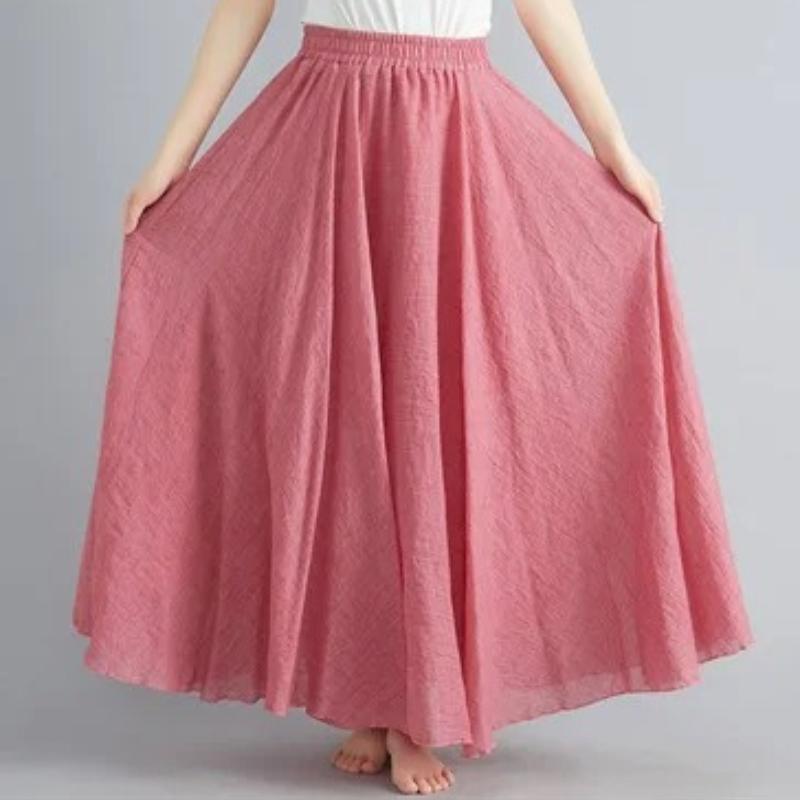 Women Linen Cotton Long Skirts Elastic Waist Pleated Maxi Skirts Beach Boho Vintage Summer Skirts Faldas Saia