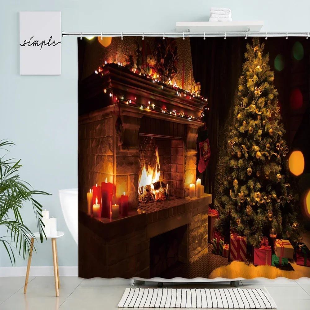 GAEMerry Christmas Shower Curtain Xmas Tree Fireplace Holiday Gifts Interior Old Decor Bathroom Waterproof Curtains With Hook