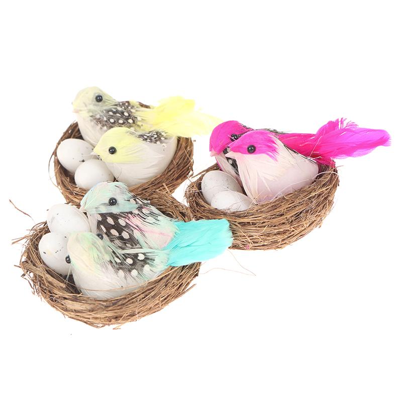 1 Set Artificial Feathered Birds & Nest & Egg Creative Craft Birds Sculpture Art Decoration Home Garden