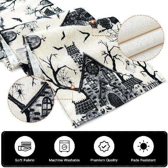 Artscope Black White Spooky Haunted House Tree Ghost Halloween Table Runner, Halloween Holiday Kitchen Dining Table Decoration for Fall Home Decor
