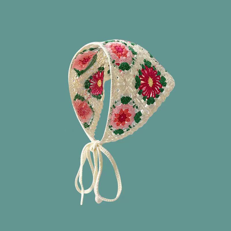 

Французский вязаный треугольный шарф, повязки на голову для женщин, полый цветок, корейская повязка для волос, тюрбан, бандана, повязка на голову, аксессуары для волос