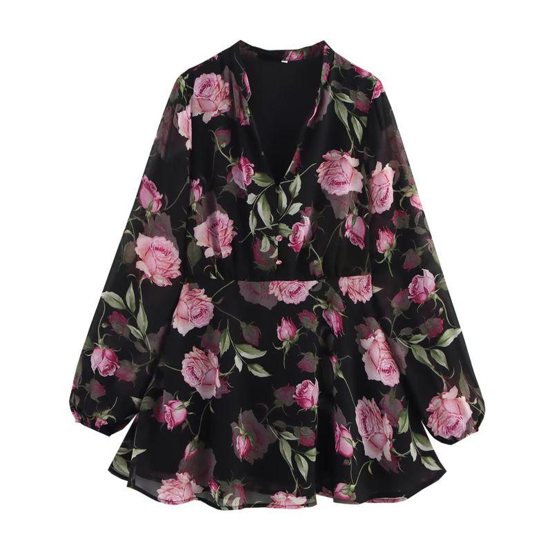 

Kaslead New Arrival Women s Clothing Fashion Style Fashion Chiffon Florals Printed V-neck Waist-Tight Puff Sleeve Dress Color L