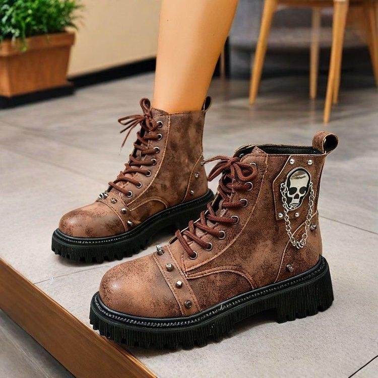 Punk enkellaarsjes voor dames met platformzool en gesp, vetersluiting, blokhak, metalen versiering, casual outdoorlaarzen maat 42 42 wijnrode kleur
