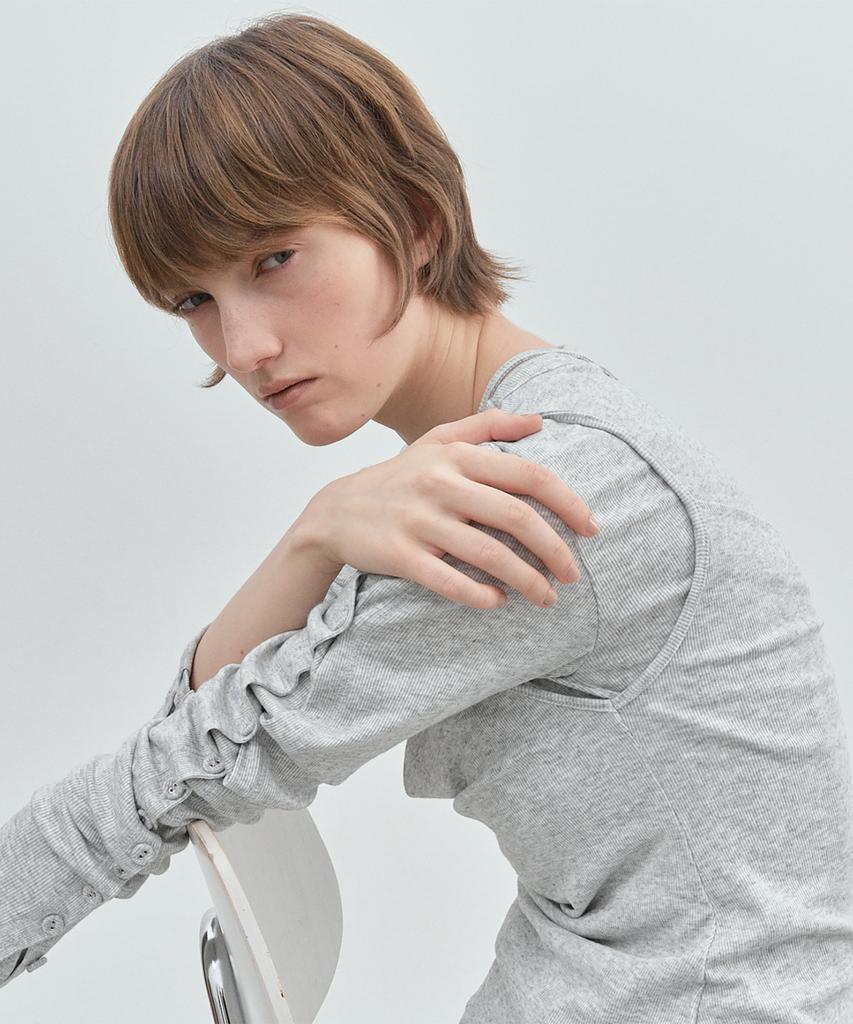 Mario Button Ribbed Top (Light Melange Grey)