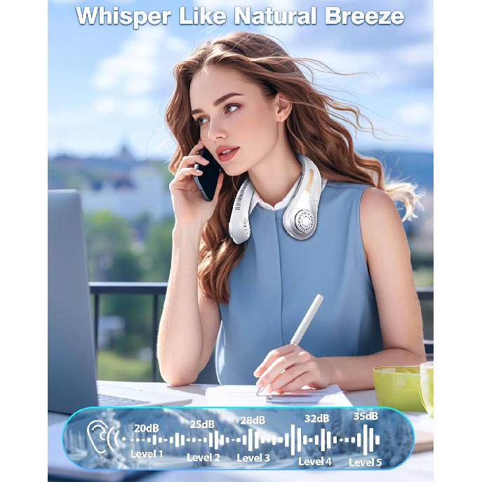 Portable Neck Fan - Rechargeable Personal Fan with Neck Support, 5-Speed Quiet Lightweight Long Lasting Neck Fan, Battery Operated Full Surround