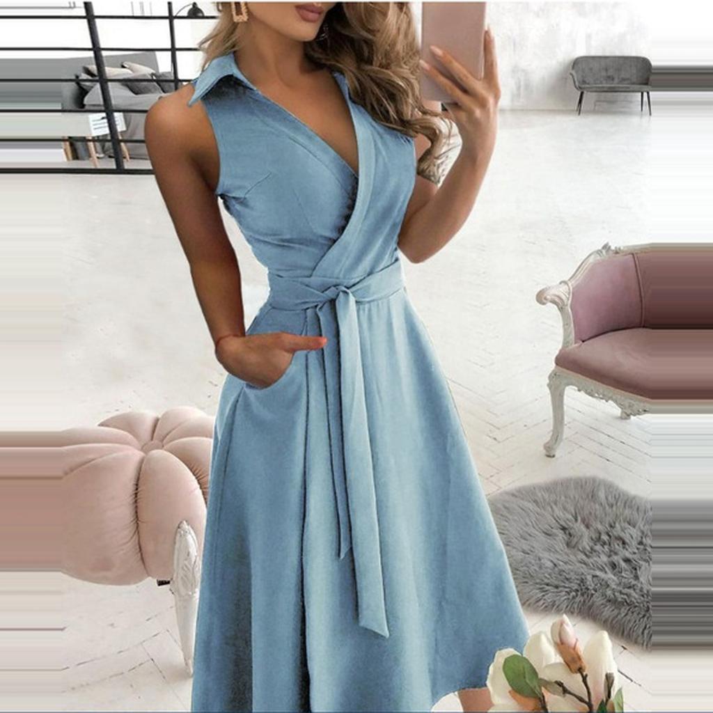 Modisches, lässiges, ärmelloses, einfarbiges Kleid mit V-Ausschnitt und hoher Taille für Damen