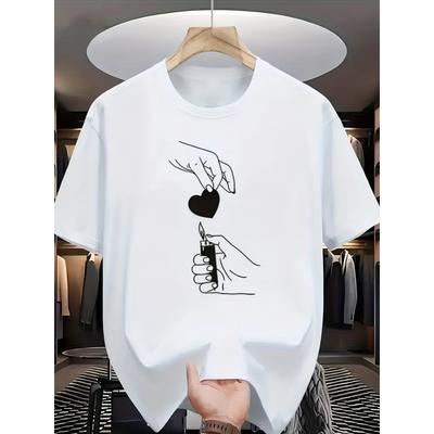 Europäische Größen Herren T-Shirt mit Aufdruck Leichter & Herzflamme - Lässiges Sommeroberteil mit Kurzarm und Rundhalsausschnitt mit Zündungsdesign, Maschinenwaschbar