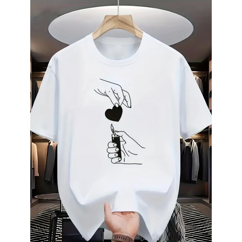 

European sizes Men s Lighter & Heart Flame Print T-Shirt - Casual Short Sleeve Round Neck Summer Top with Ignition Design, Machine Washable 4XL білий