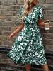 V-Neck Leaf Print Short Sleeve Belted Dress for Women