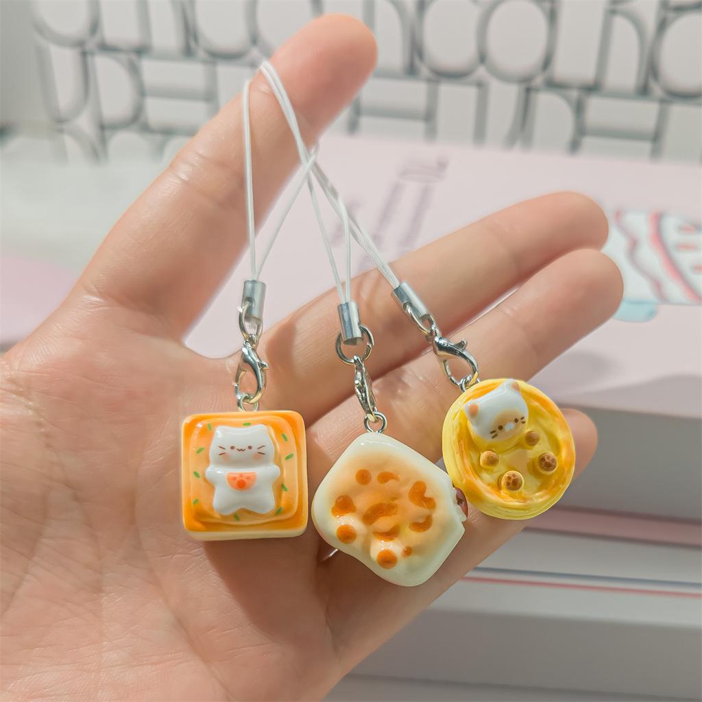 Z85 1/3pcs Set Japanese Style Cute Cat Bread Phone Charms Kitten Toast Keychains Kawaii Lanyard Pendant for Bags Perfect Gift
