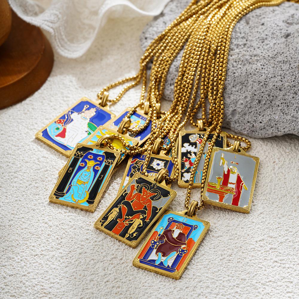 New Design Colorful Enamel Tarot Cards Pendant Necklaces 18K Gold Plated Sun Star Moon Box Chain Choker Jewelry for Women