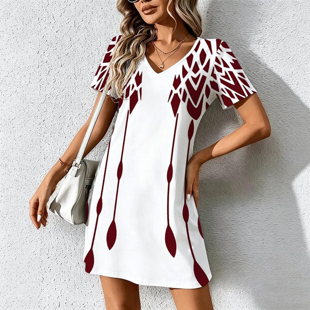 Mode d'été pour femmes Robe à col en V à manches courtes avec imprimé géométrique rétro Jupe courte sexy Robes
