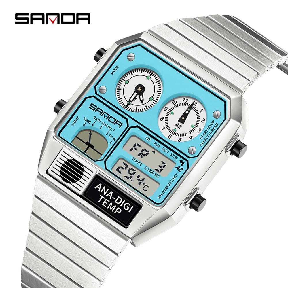 SANDA 3192 Mode Unisex Horloge LED Elektronisch Vierkant Jeugd Casual Multifunctioneel Thermometer Stopwatch Chronograaf Herenhorloge blue