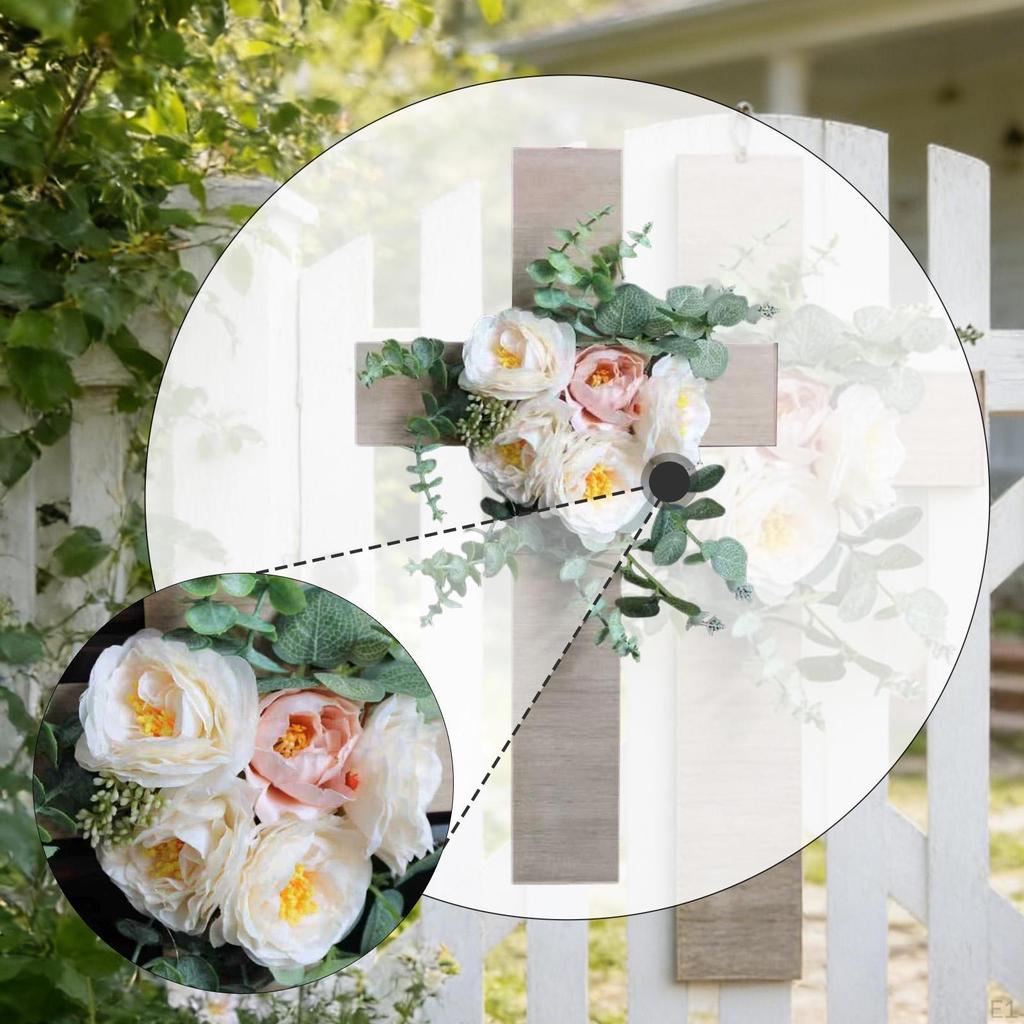 Easter Cross Wreath Door Sign,Artificial Flower Spring Greenery Leaves for Party Festival