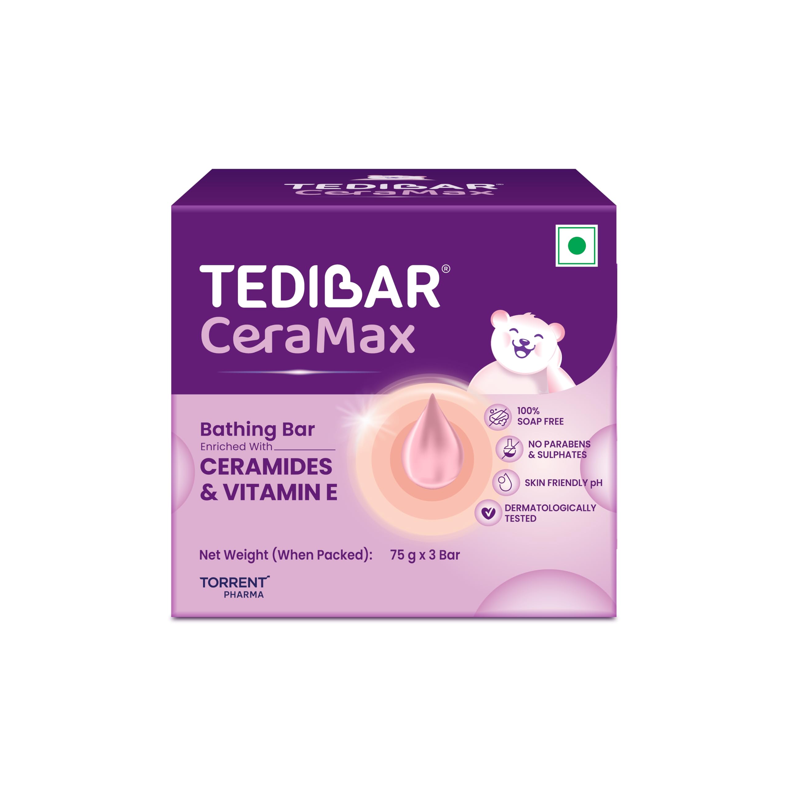 Tedibar Ceramax Baby Bathing Bar -75g x 3 | Pack of 3 | Enriched with Ceramides Vitamin E | 100% Soap Free | Skin friendly pH | By Torrent Pharma