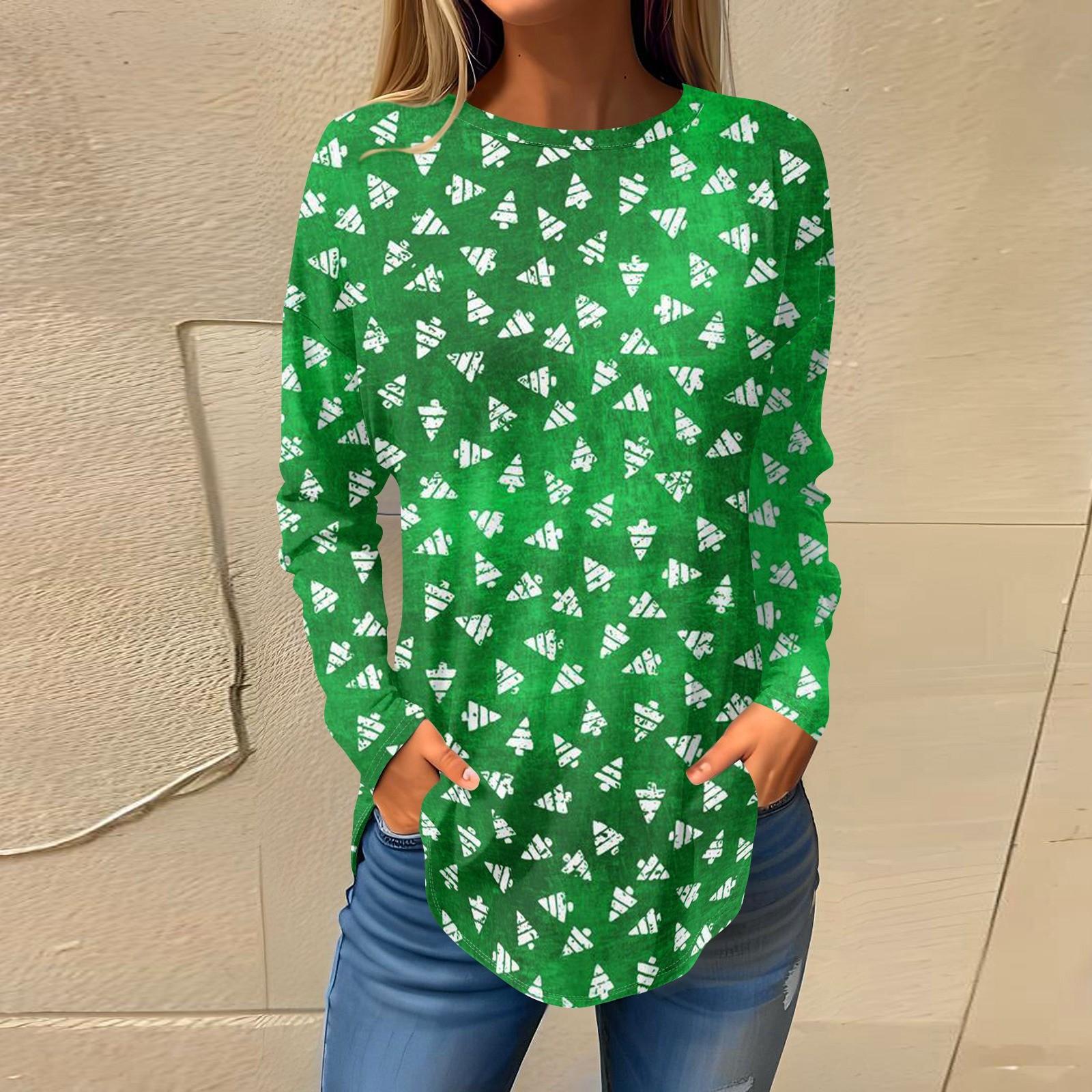 

Футболки для женщин, осенние повседневные рубашки с длинным рукавом, толстовки с винтажным графическим принтом, топы, пуловеры, рождественские XXL зелёный