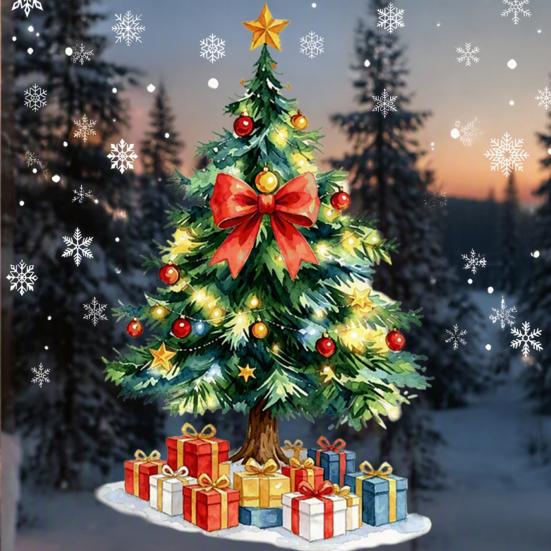 Reusable Window Film Christmas Tree Static Sticker, Waterproof PVC Decal, Watercolor Clings Snowflake Glass for Holiday Home Decor Creative