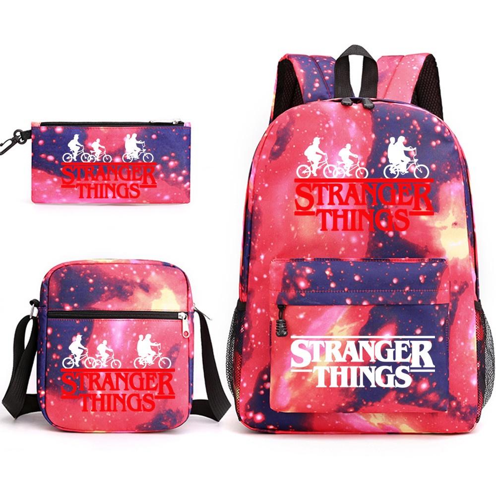 Stylish Stranger Things Canvas Backpack Set Includes Shoulder Bag And Pencil Case Perfect For Casual Travel