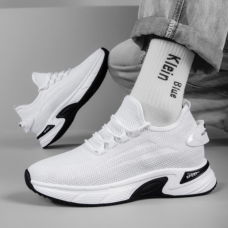 Men's 8CM Hidden Height Flyknit Running Shoes with Thick Platform Sole, Mesh Upper, White.