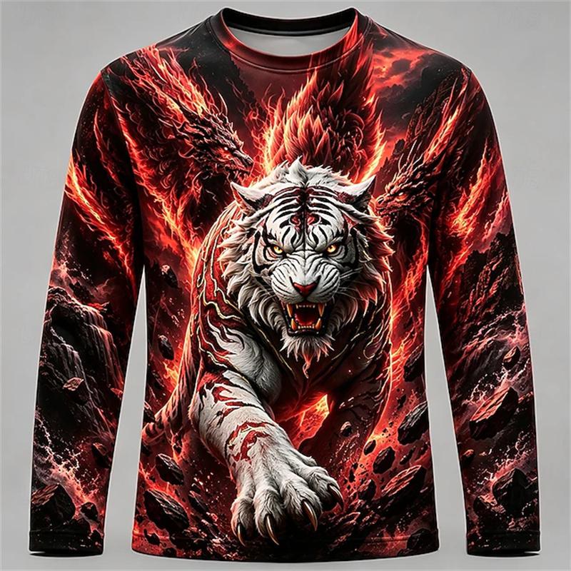 Men's Gothic Dragon Long-Sleeve T-Shirt Fashionable Casual Round-Neck Top Loose-Fitting and Breathable Men's Long-Sleeve Shirt