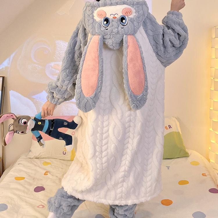 Outono e Inverno Novo Pijama Fofo com Capuz Castorzinho Veludo Coral Pijama de Inverno Feminino Conjunto de Pijama Feminino